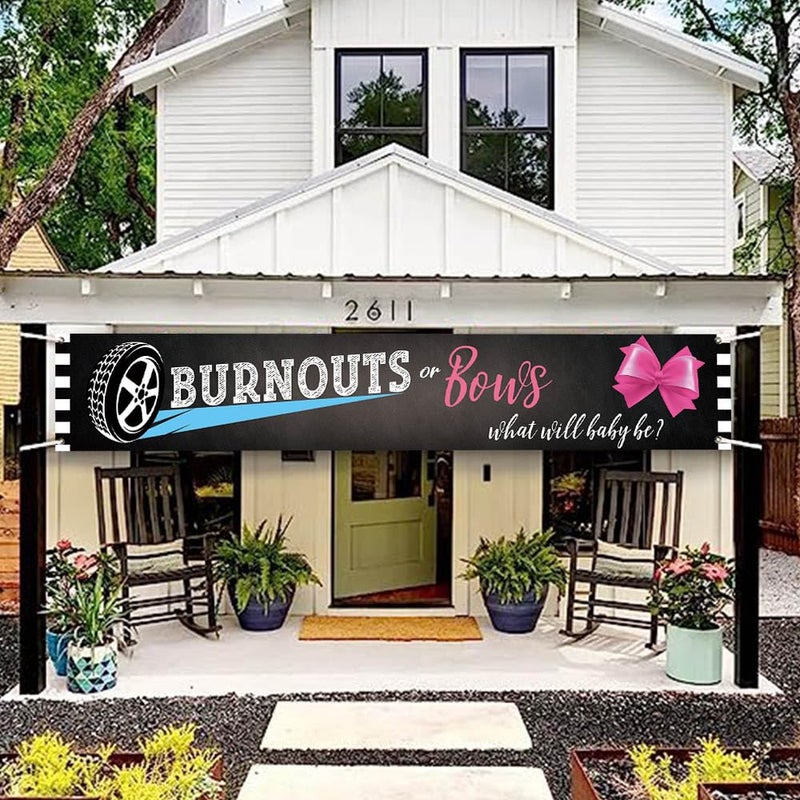DOTOOMA 118 x 20 Inches Burnouts Or Bows Gender Reveal Banner Yard Sign Decoration Pink Bowknot Or Tyre Theme Party Polyester Supplies What Will Baby Shower Indoor Outdoor - Image 2